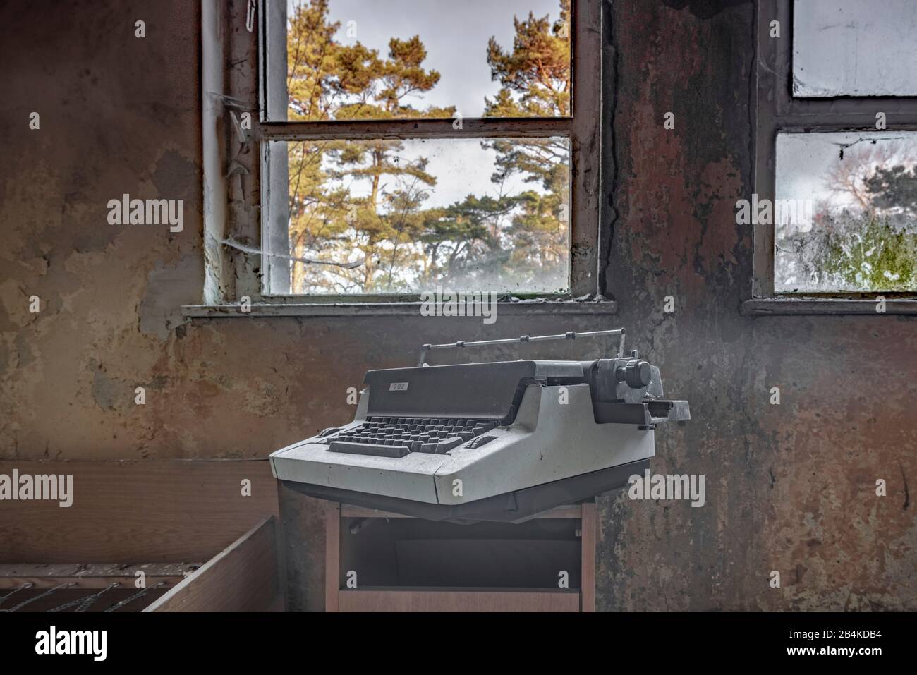 Allemagne, Mecklembourg-Poméranie occidentale, Prerow, vue d'une ancienne machine à écrire, ancien camp de la TPS Prerow. Banque D'Images