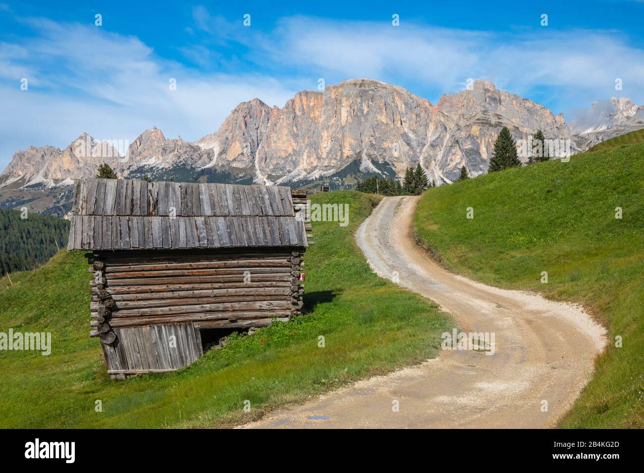 Cabane typique des prairies d'Incisa, en arrière-plan Col Toron, Ciampatsch, Sass Ciampei, groupe Puez, Dolomites, Corvara à Badia, Bolzano, Tyrol du Sud, Itay Banque D'Images