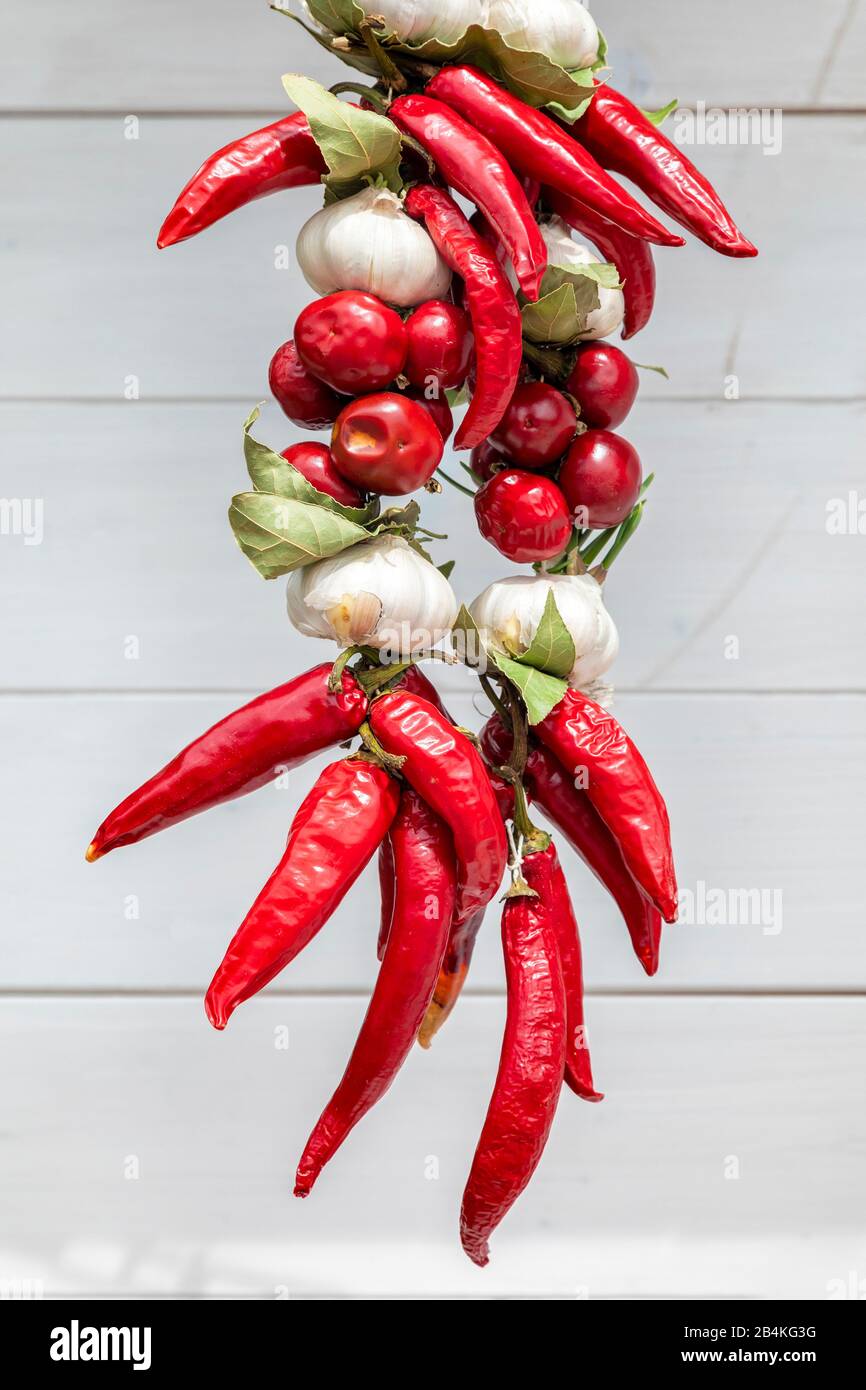 Tresse de poivrons chauds et d'ail accrochés dans un marché local de produits à Baska, île de Krk, baie de Kvarner, comté de Primorje-Gorski Kotar, Croatie Banque D'Images