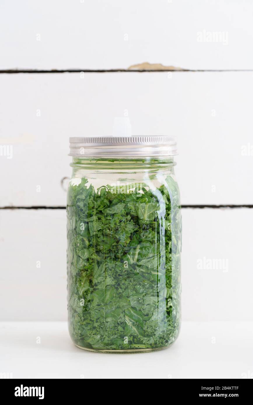 Kale fermentée, pickled dans un pot de maçon Banque D'Images Kale fermentée, pickled dans un pot de maçon Banque D'Images