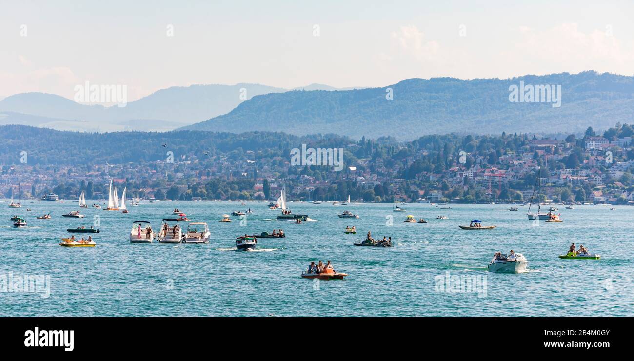 Suisse, Canton de Zurich, Zurich, Lac de Zurich, bateaux, bateaux à moteur, pédalos, bateaux à voile, été Banque D'Images
