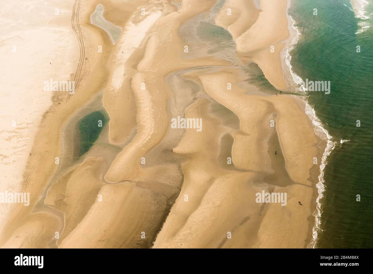 Allemagne, Basse-Saxe, Mer du Nord, Îles frisonnes de l'est, Parc National de la Mer des Wadden, Borkum, poussettes de plage solitaire avec des ruisseaux de marée d'en haut Banque D'Images