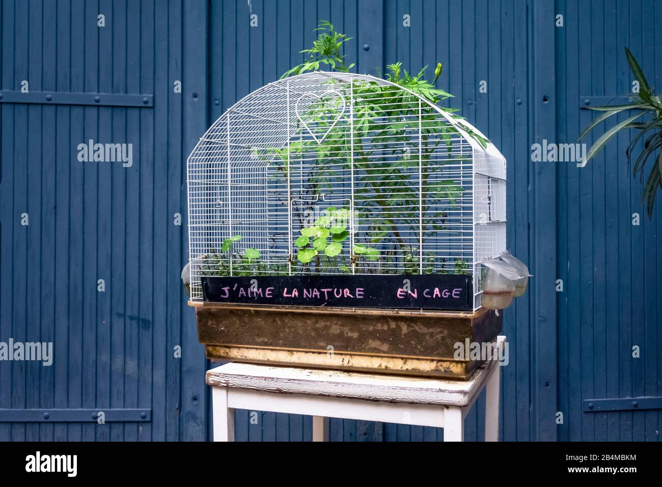 « J'aime la nature dans une cage ». Titre d'une installation à Bize Minervois Banque D'Images