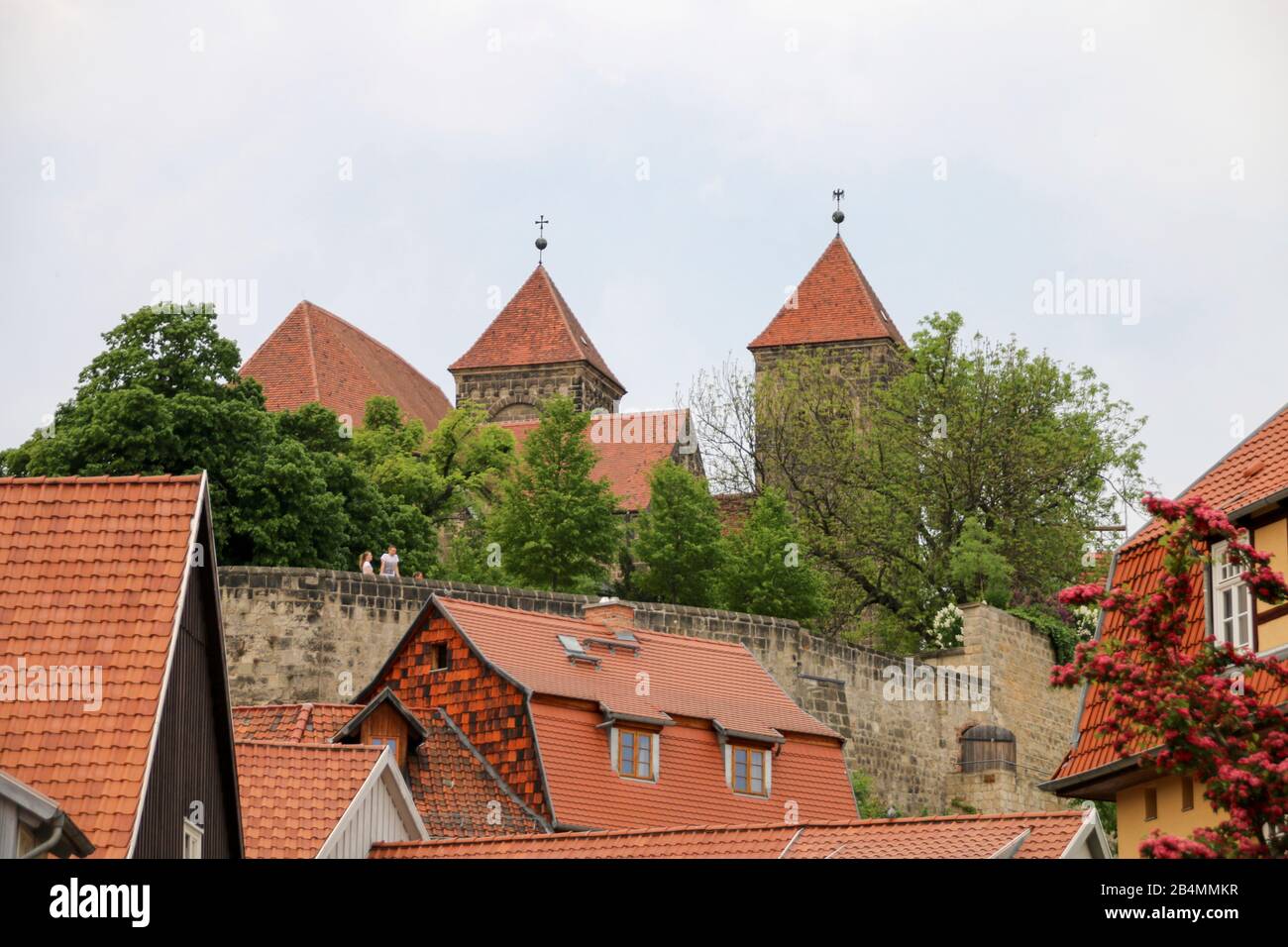 Allemagne, Saxe-Anhalt, Quedlinburg, vue sur la Collégiale de Saint-Servatius dans la ville de Quedlinburg, classée au patrimoine mondial. Banque D'Images