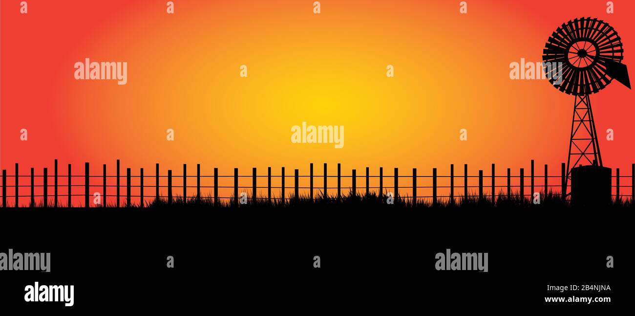 Outback Australie avec clôture noire et vieux moulin à vent Illustration de Vecteur