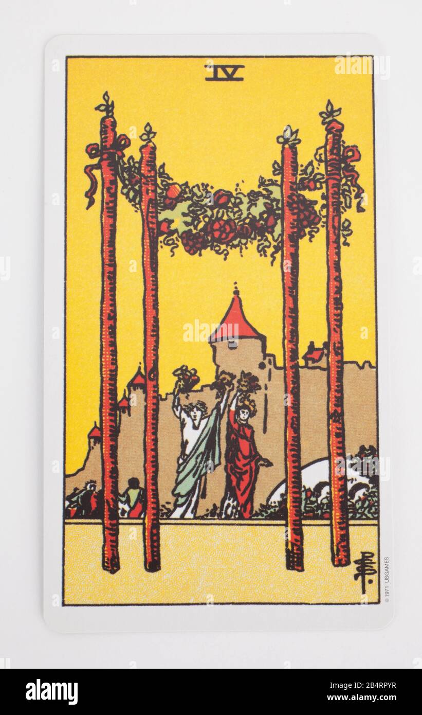 Les Quatre De La Carte De Tarot De Wands Banque D'Images