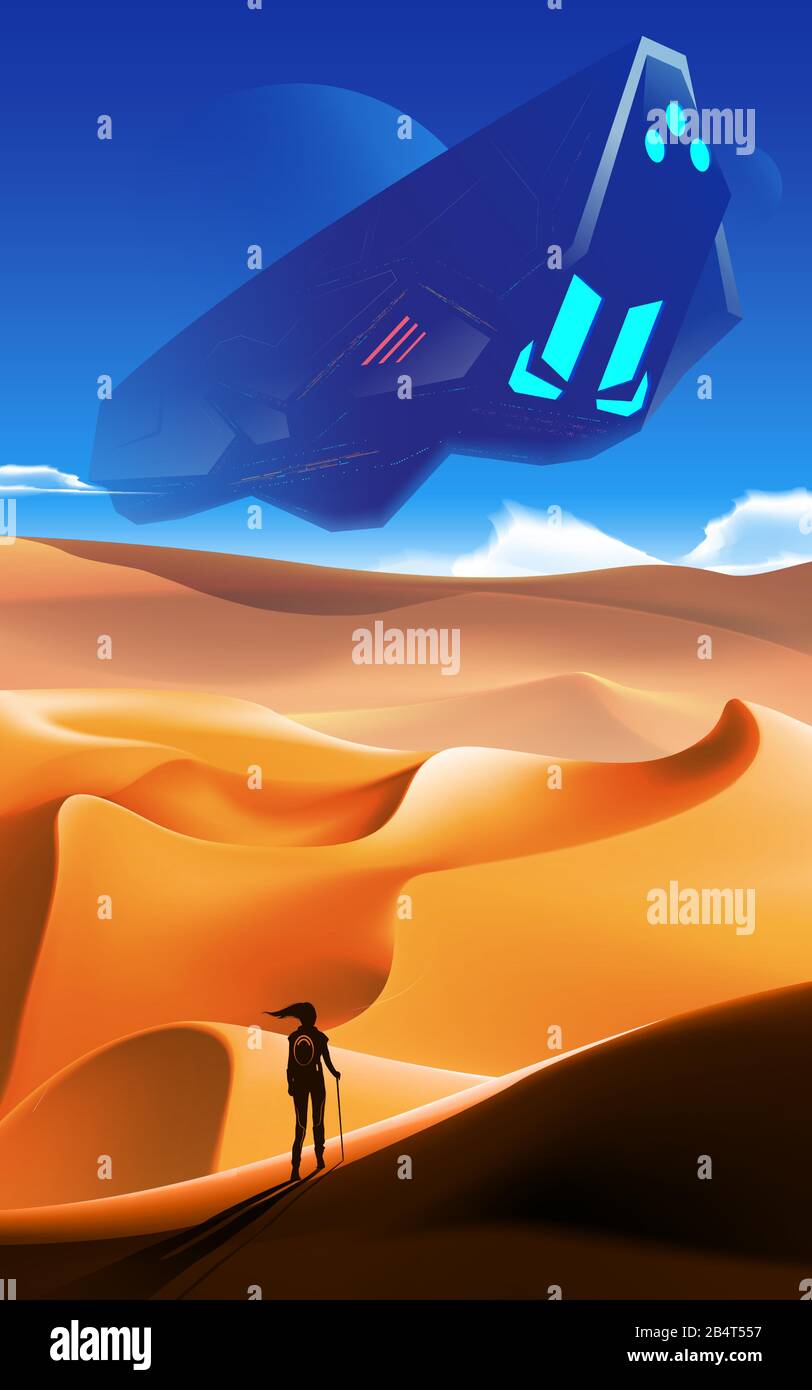 Une illustration vectorielle de la scène de science-fiction du vaisseau spatial massif qui survole le désert qui a la femme marchant sur le dessus de la dune. Illustration de Vecteur