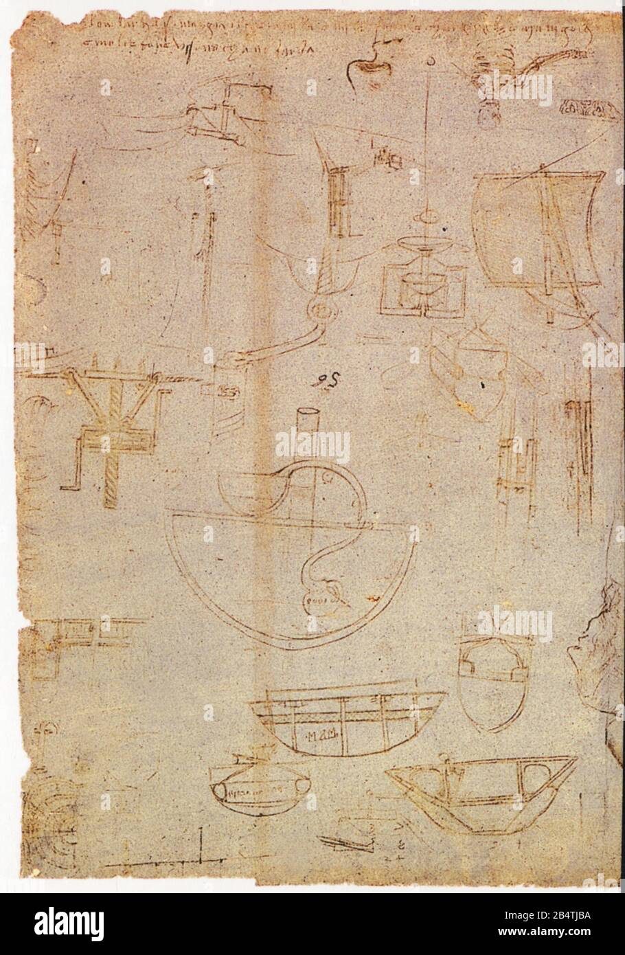 Léonard de Vinci. Études pour bateau sous-marin. 1485-1487 Banque D'Images