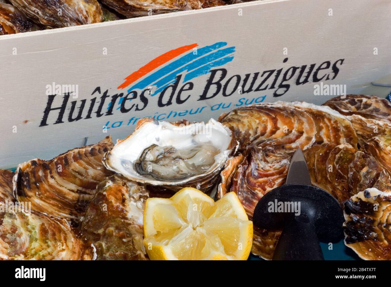 Composition alimentaire, huîtres Bouzigues, Occitanie France Banque D'Images