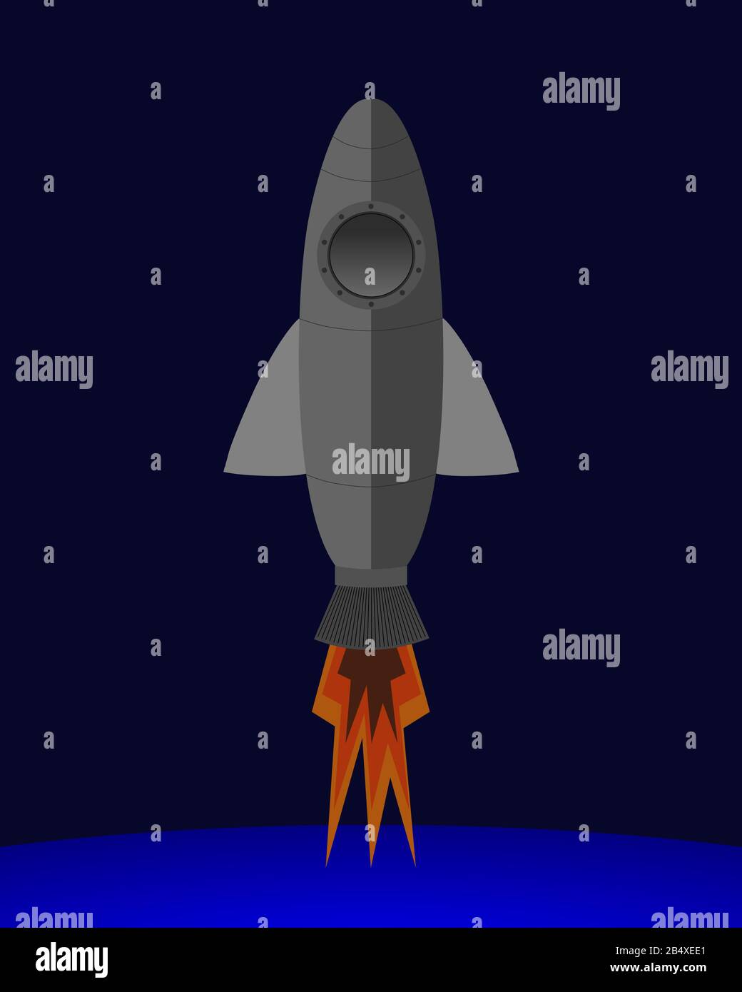 Fusée grise simple avec tir de moteur, se déplaçant verticalement dans l'espace. L'horizon d'une planète est en arrière-plan. Illustration de Vecteur