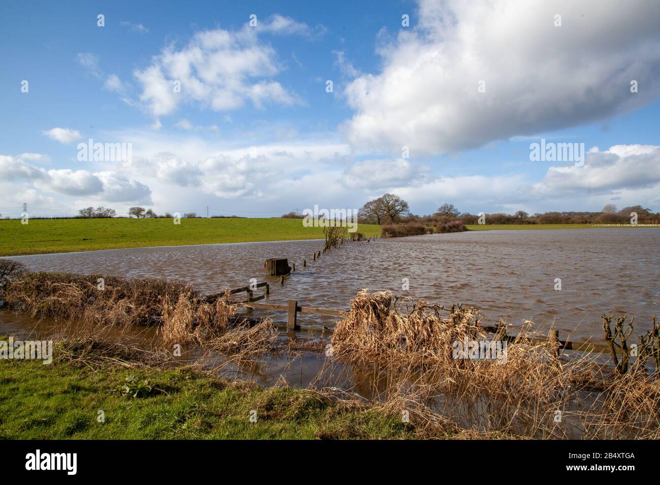 Terres agricoles et campagne inondées à Sandbach Cheshire Angleterre après la tempête Dennis et Ciara février 2020 Banque D'Images