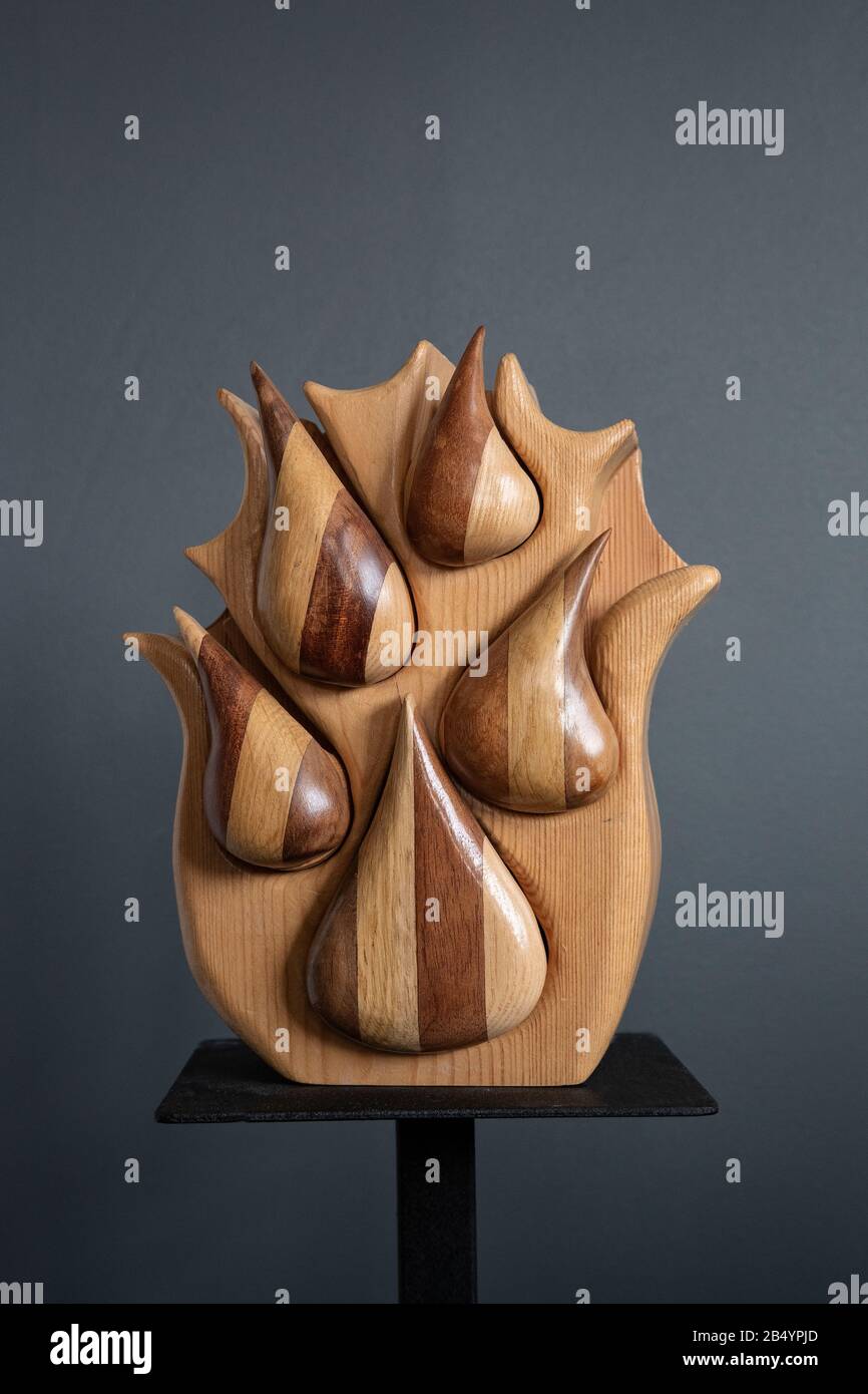 Boîte à scie en bois stylisée à ruban tulipe avec les ampoules formant des tiroirs d'ouverture fabriqués à partir de bois de pin, sapele, chêne, bois de tulipe et noyer par Judy Tadman Banque D'Images