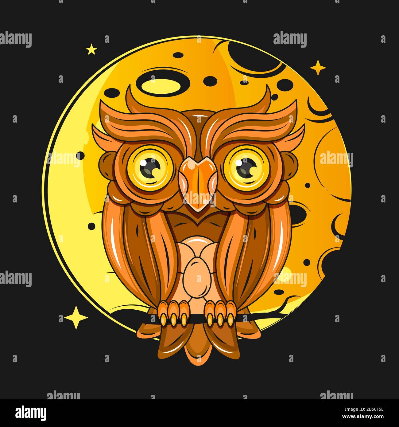 Owl Est Assis Sur Une Branche D'Arbre À La Nuit Sous La Lune Illustration de Vecteur