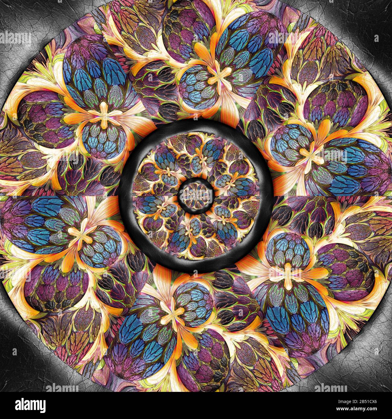 3D render of fractal plastique en couleur sur cuir gaufré disque fleur Banque D'Images