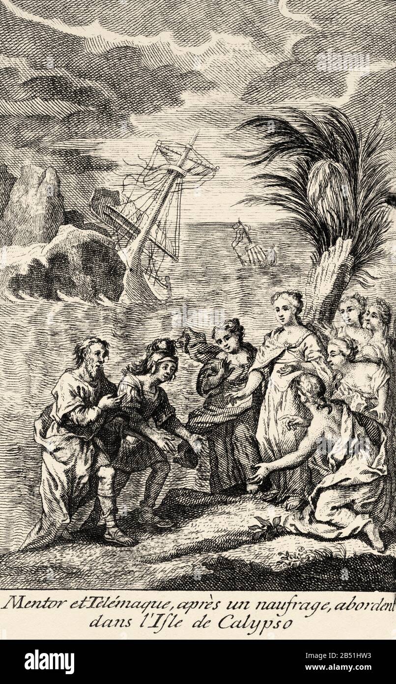 Mentor et Telemachus après une adresse d'épave sur l'île de Calypso. Ancienne gravure du XVIIIe siècle du livre les aventures de Telemachus fils de Banque D'Images