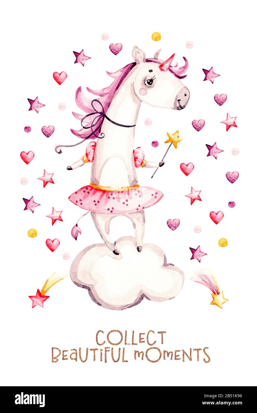 Licorne et arc-en-ciel mignon Watercolor pépinière illustration.Douche bébé, carte de vœux.Arrière-plan mignon. Banque D'Images