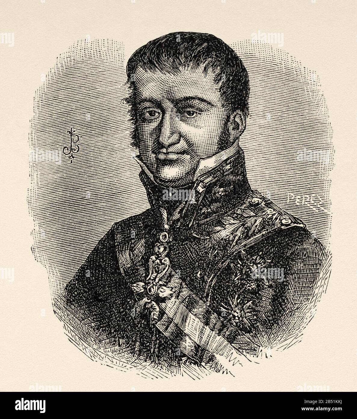 Portrait de Ferdinand VII de l'Espagne, appelé Le Désiré ou le roi Felon (San Lorenzo de El Escorial 1784 - Madrid 1833). Roi d'Espagne. Fils et successeur Banque D'Images Portrait de Ferdinand VII de l'Espagne, appelé Le Désiré ou le roi Felon (San Lorenzo de El Escorial 1784 - Madrid 1833). Roi d'Espagne. Fils et successeur Banque D'Images