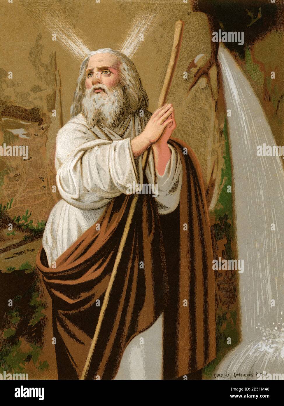 Portrait de lithographie de couleur ancienne. Moshe, le personnage de Moïse des religions abrahamiques, où il est vénéré comme prophète, législateur et chef spirituel Banque D'Images
