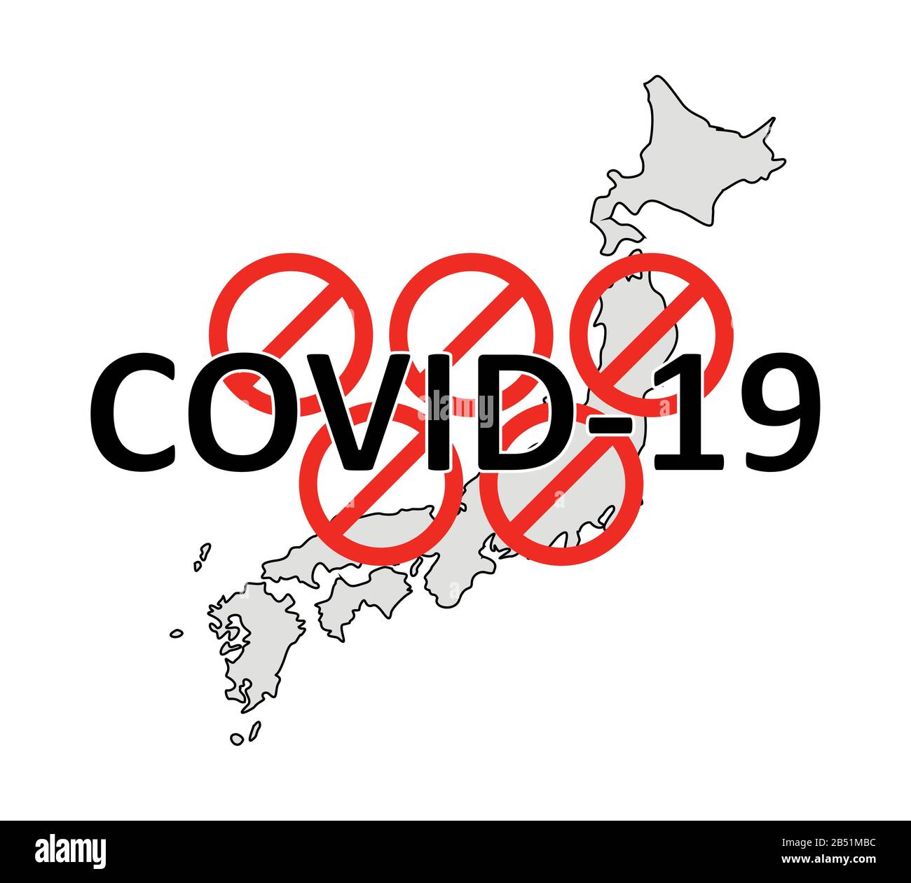 L'interdiction des jeux olympiques. Annulation des Jeux olympiques de 2020 au Japon en raison du coronavirus 2019-nCov, covid-19. Panneaux d'interdiction rouges, carte de Ja Illustration de Vecteur