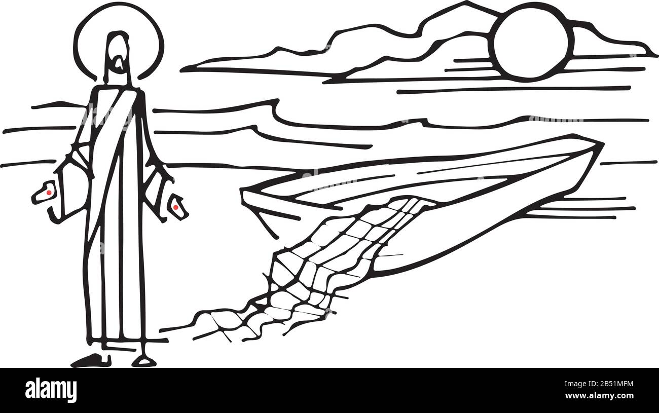 Illustration vectorielle dessinée à la main ou dessin de Jésus-Christ avec des bateaux et des filets de pêche Illustration de Vecteur
