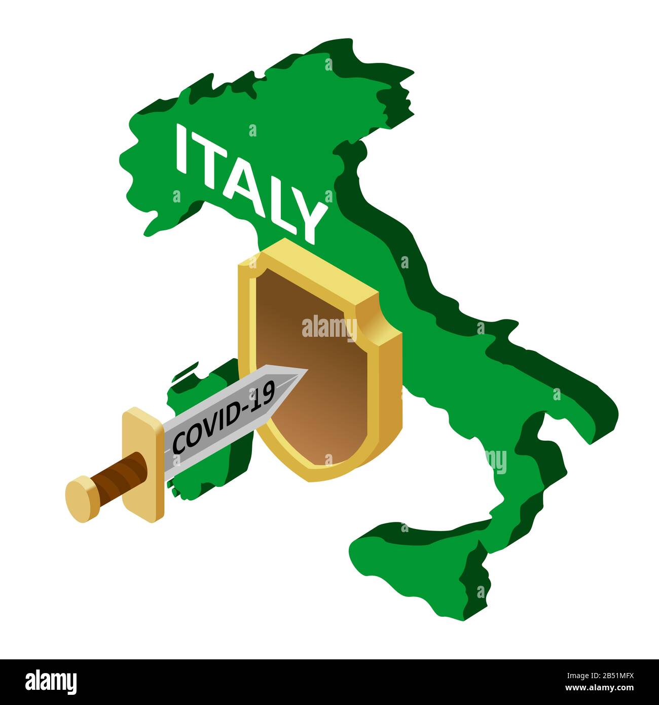 Protection de l'Italie contre le coronavirus covid-19. Un coronavirus sous forme d'épée attaque le pays d'Italie, protégé par un bouclier. Vecteur iso Illustration de Vecteur