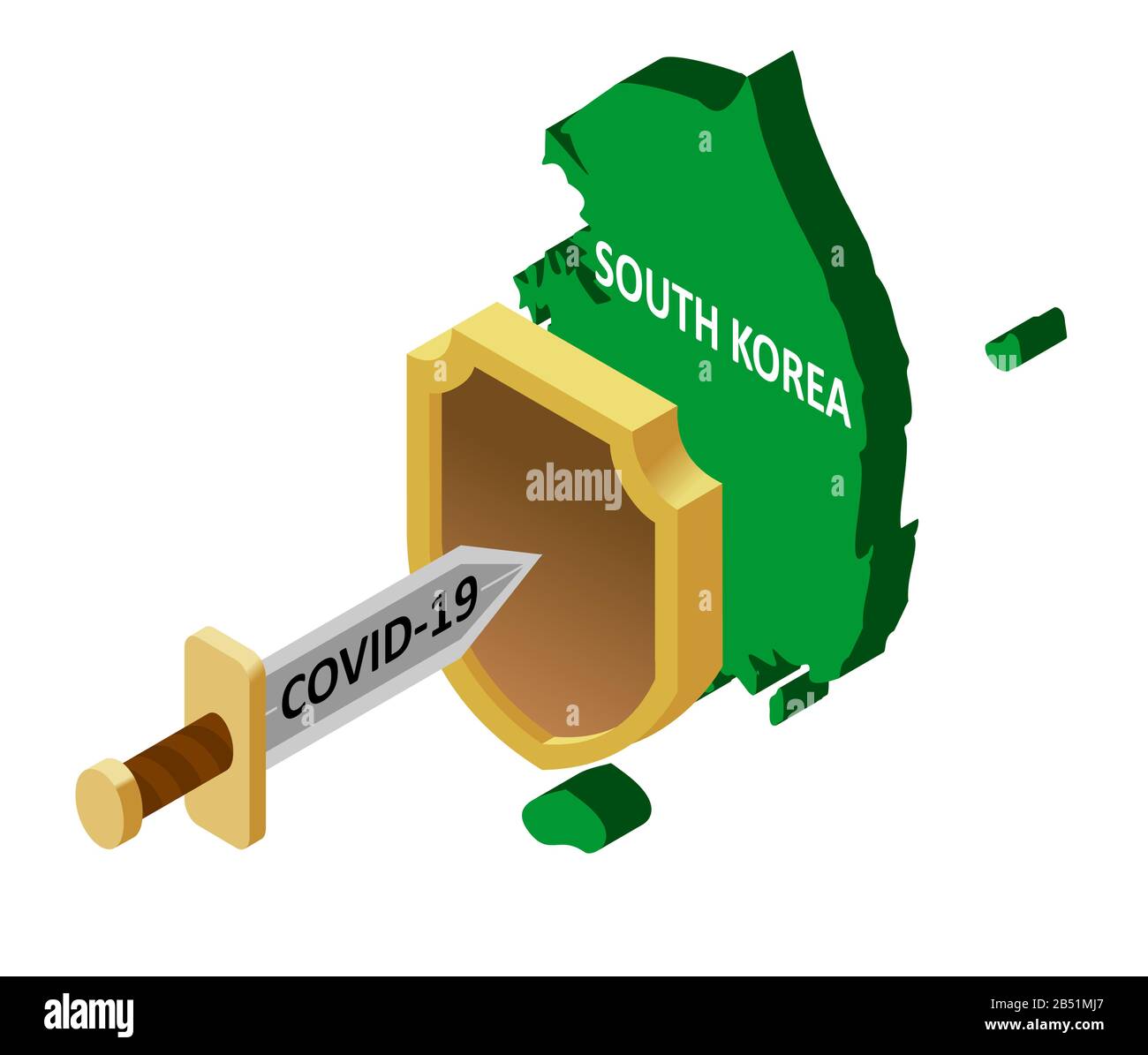 Protection de la Corée du Sud contre le coronavirus COVID-19. Un coronavirus en forme d'épée attaque un pays blindé en Corée du Sud. Terre isométrique vectorielle de S Illustration de Vecteur