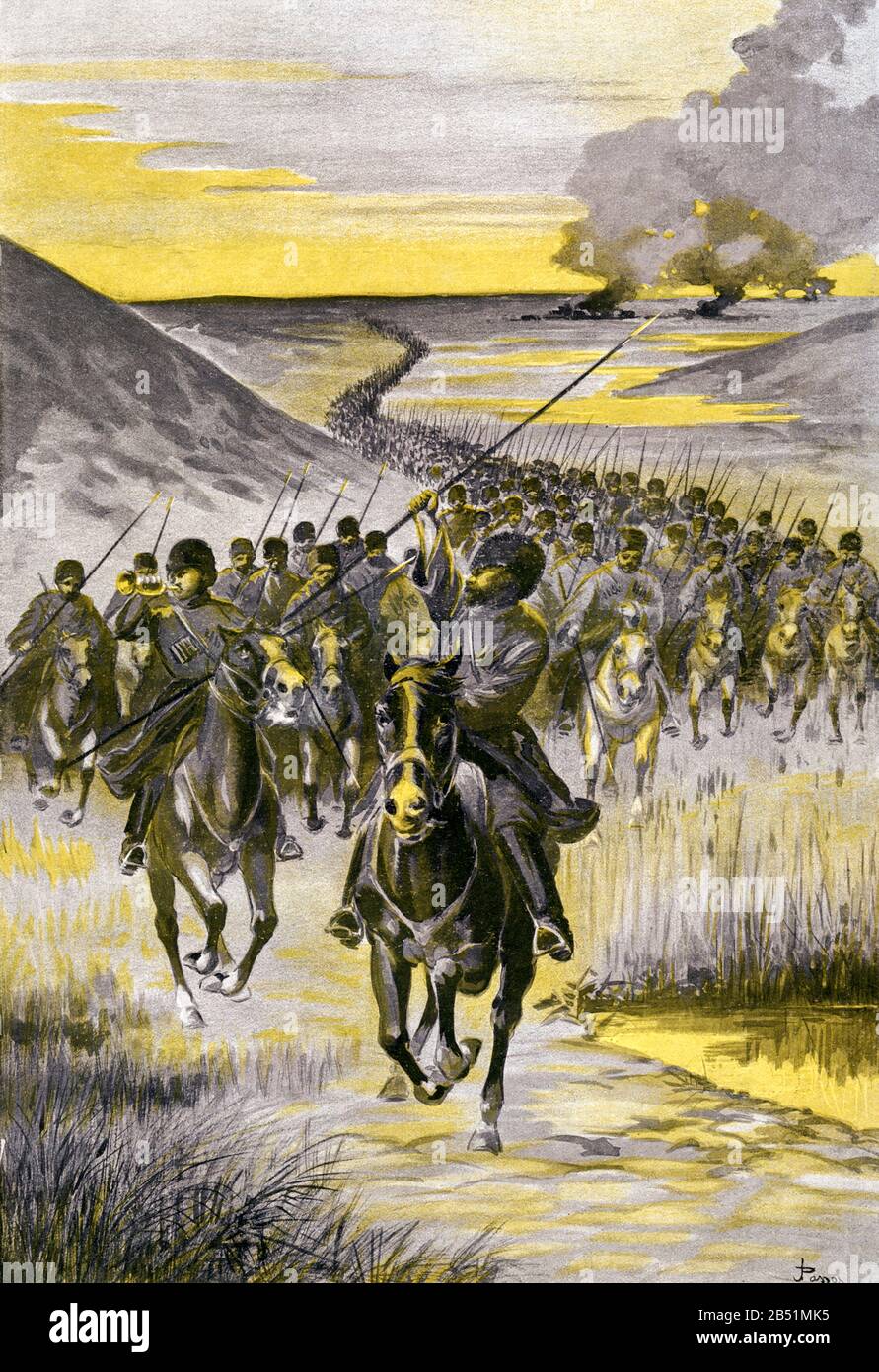 Les cosaques d'équitation envahissent la Prusse de l'est pendant la première Guerre mondiale. Première Guerre mondiale illustrée par Augusto Riera Banque D'Images