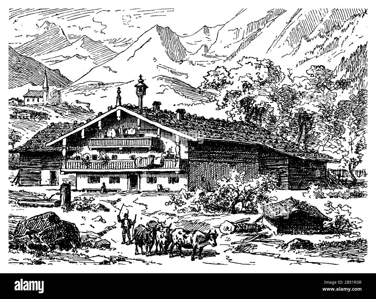 Autriche - le paysage de montagne Tyroler avec une ferme typique avec des balcons en bois sous le toit incliné Banque D'Images