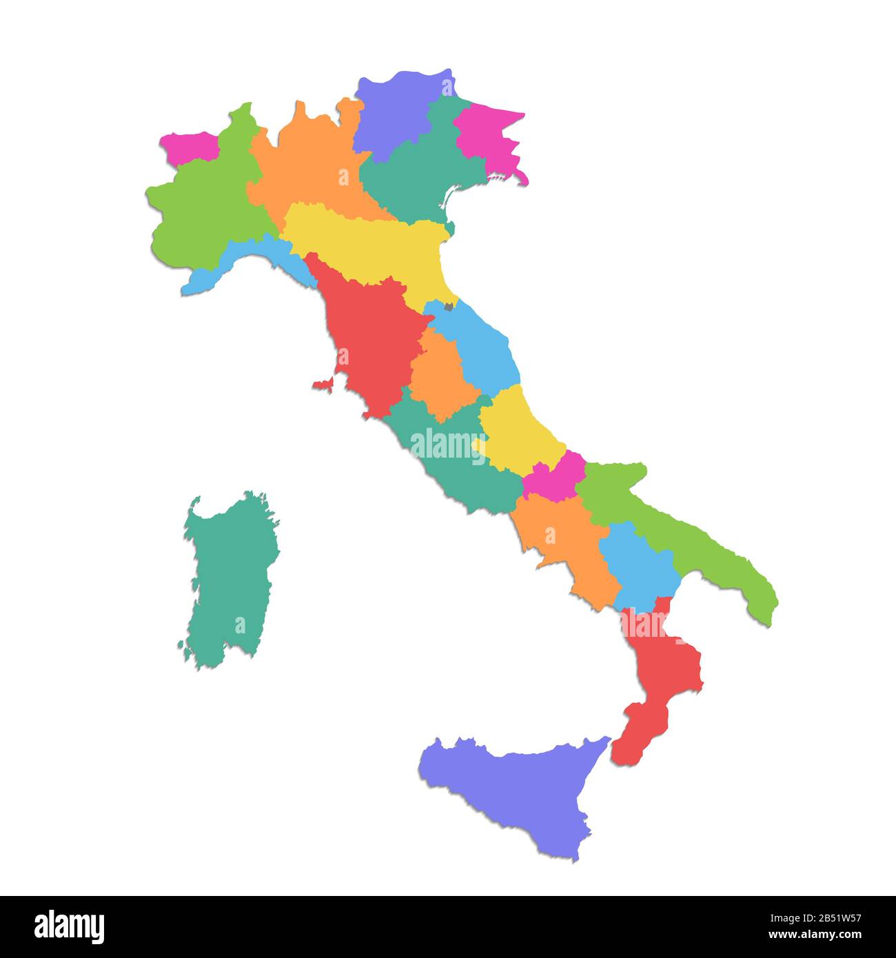 Italie carte, division administrative, couleurs carte isolée sur fond blanc vierge Banque D'Images