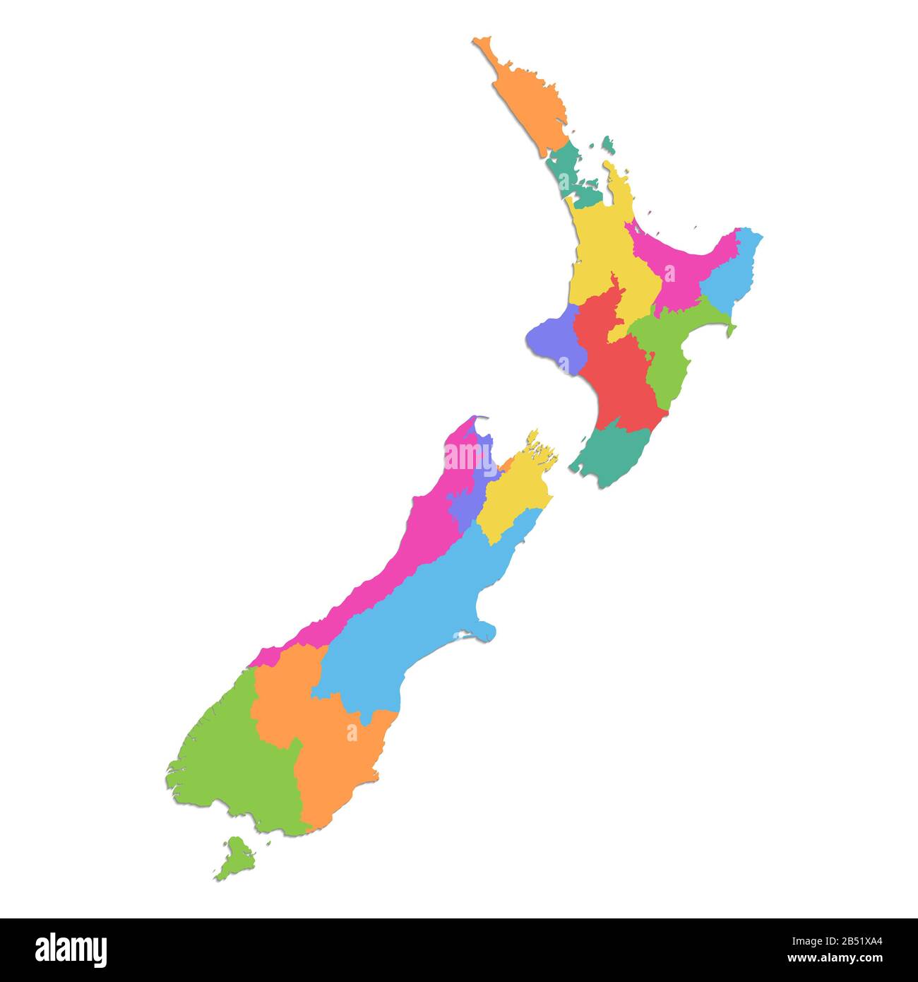 Carte de la Nouvelle-Zélande, division administrative, carte des couleurs isolée sur fond blanc vierge Banque D'Images