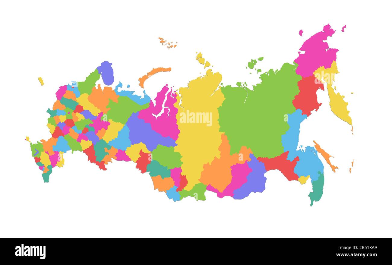 Carte de Russie, division administrative, région individuelle séparée avec noms, carte de couleur isolée sur fond blanc vide Banque D'Images
