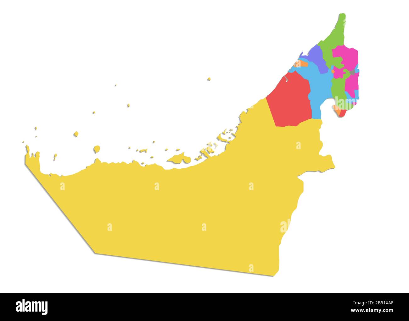 Carte des Émirats arabes Unis, division administrative, carte des couleurs isolée sur fond blanc vierge Banque D'Images