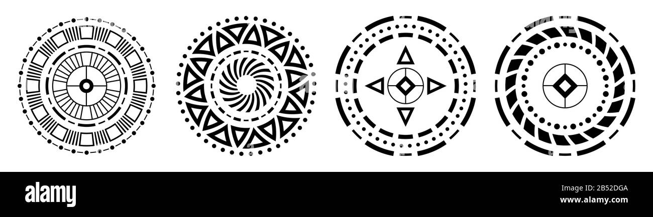 Ensemble de quatre ornements circulaires abstraites. Des motifs décoratifs isolé sur fond blanc. Motifs ethniques tribales. Fleurs stylisées. Tatouage au pochoir. Illustration de Vecteur