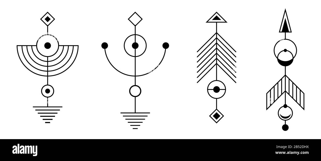 Jeu de symboles géométriques abstraits de la myr. Signe de géométrie sacrée avec des formes géométriques. Isolé sur fond blanc. Formes linéaires noires. Logo linéaire. Illustration de Vecteur