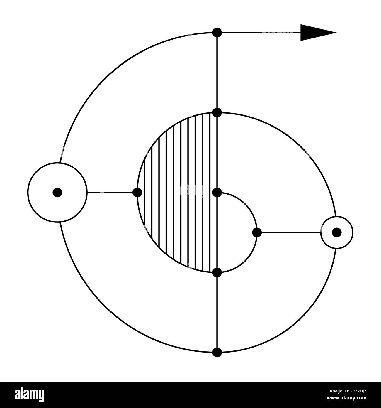 Symbole rond géométrique abstrait, isolé sur fond blanc. Formes linéaires noires avec des points dans les joints. Logo linéaire. Signe de géométrie sacrée. Illustration de Vecteur