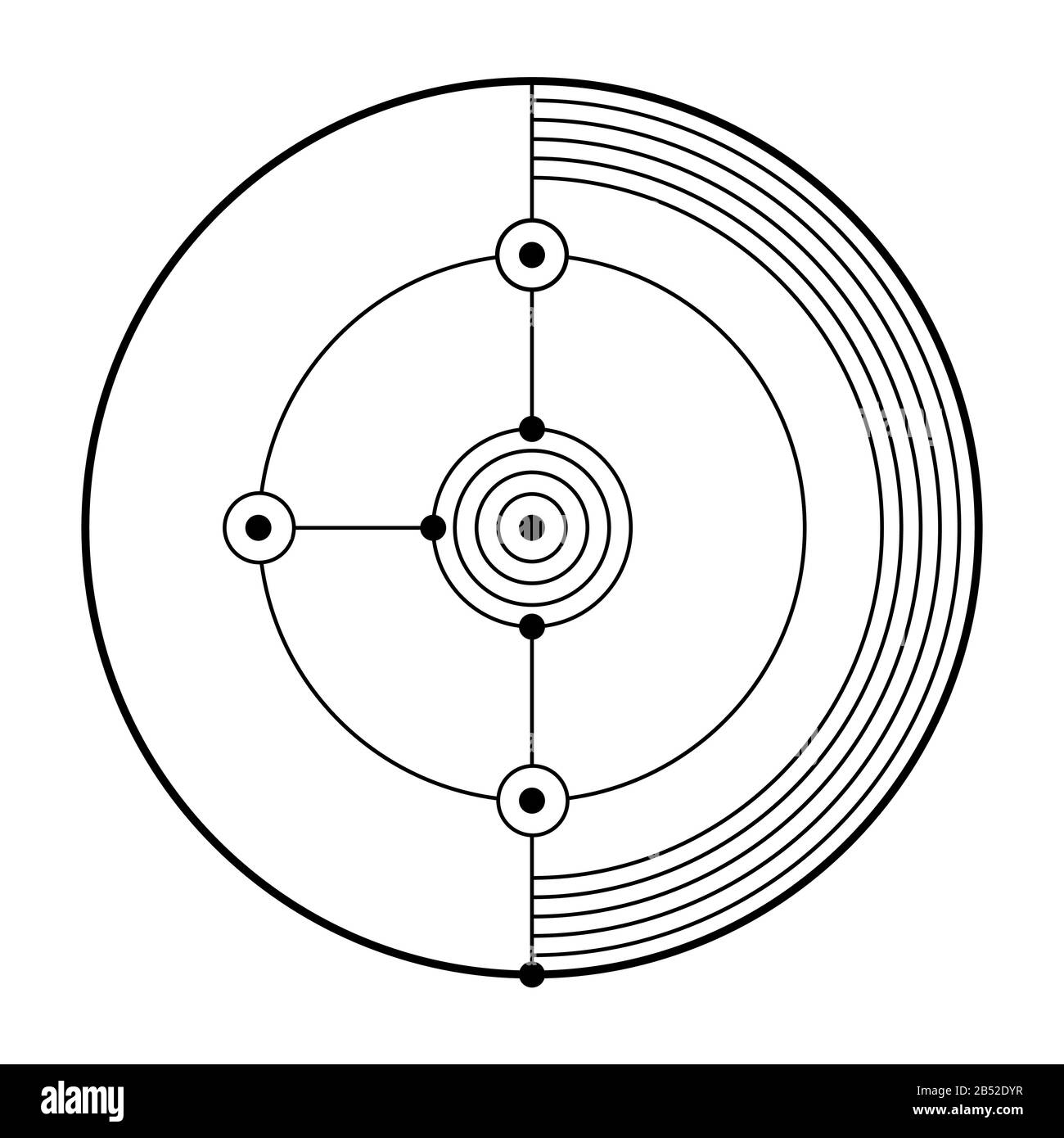 Symbole géométrique abstrait, isolé sur fond blanc. Formes linéaires noires avec des points dans les joints. Logo linéaire. Signe de géométrie sacrée. Illustration de Vecteur