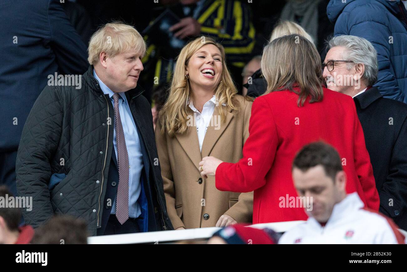 Londres, Royaume-Uni. 7 mars 2020. Rugby Union Guinness Six Nations Championship, Angleterre Contre Pays De Galles, Twickenham, 2020, 07/03/2020 Le Premier Ministre Boris Johnson Assiste Au Match Avec La Fiance Carrie Symonds Credit: Paul Harding/Alay Live News Banque D'Images