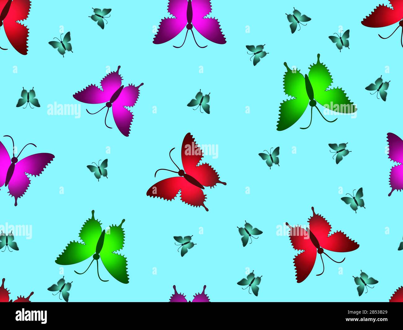 Motif naturel et sans couture. Papillons multicolores brillants sur un fond bleu. Adapté à l'impression de papier ou de fabri Banque D'Images