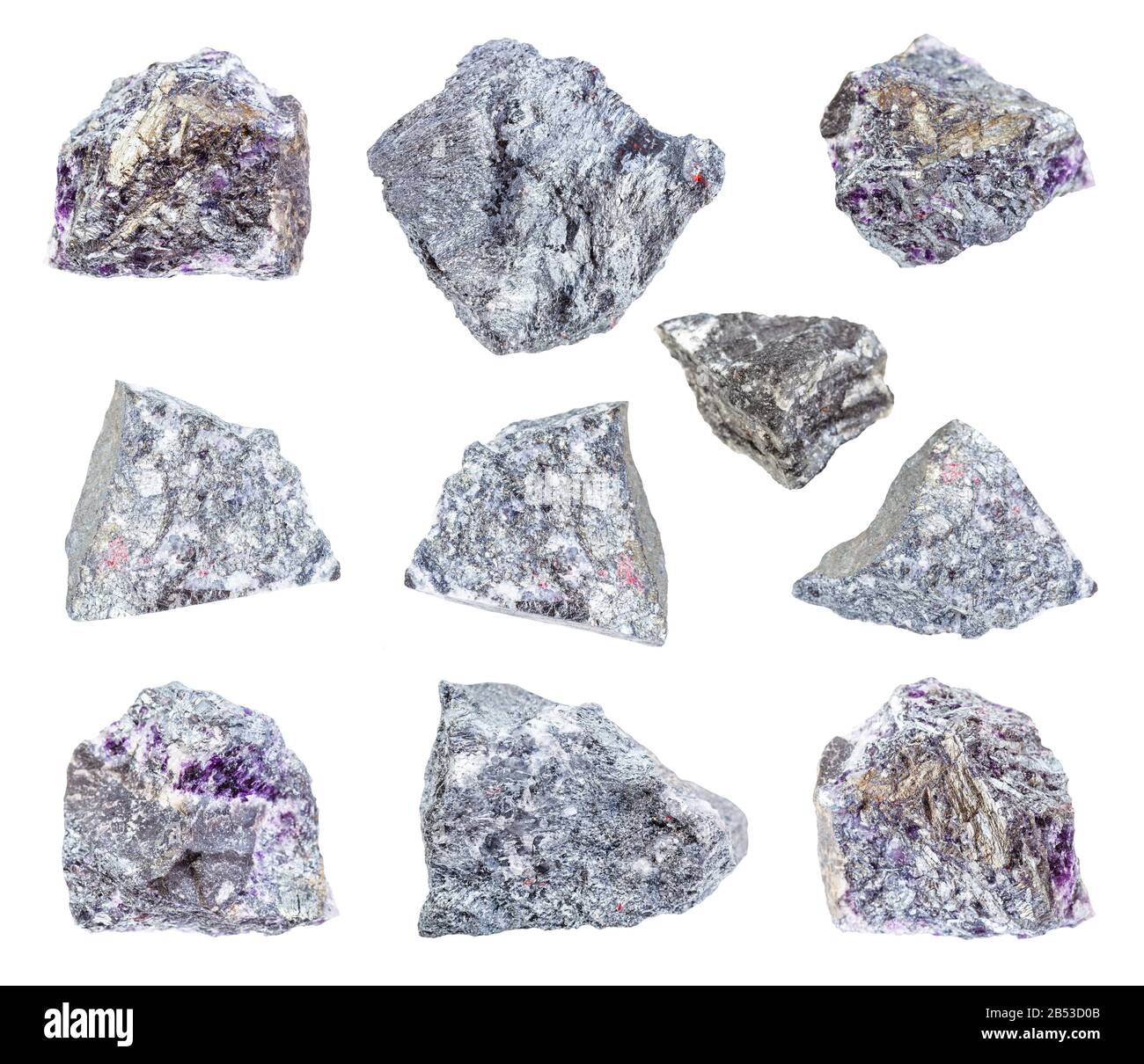 Ensemble de diverses roches De Stibnite (antimonite) isolées sur fond blanc Banque D'Images