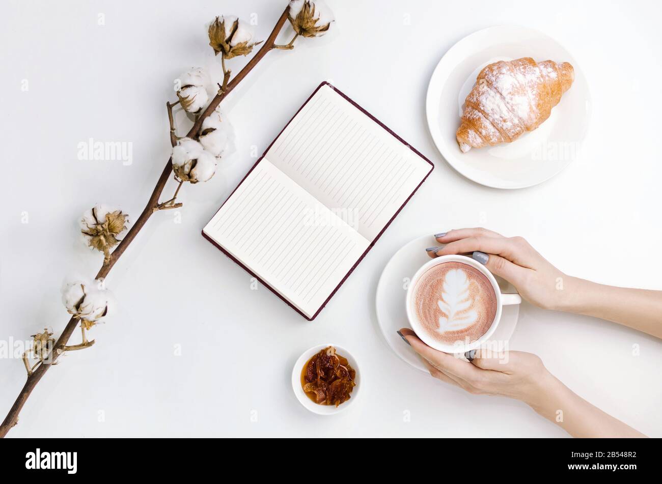 Les mains retiennent le café avec de l'art latte et un cahier avec croissant, confiture et branche en coton Banque D'Images