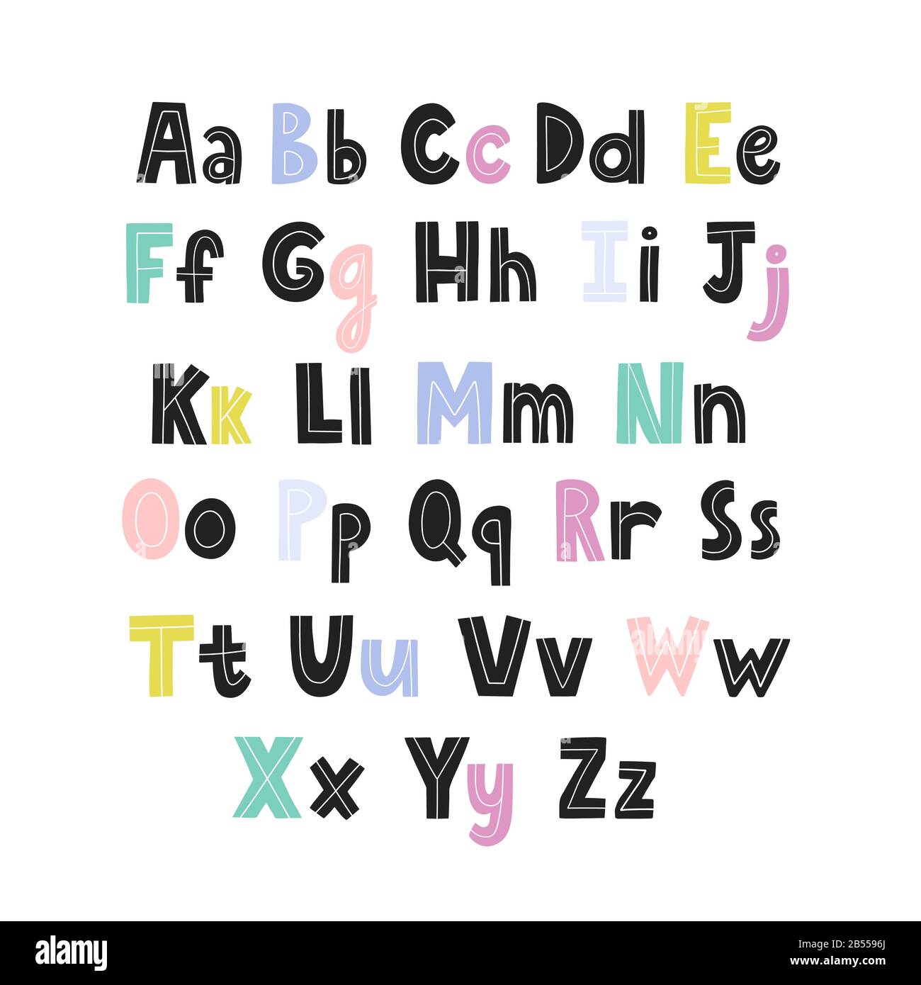 Alphabet pour les enfants avec majuscules et petites lettres. Anglais abc dans le style scandinave Illustration de Vecteur