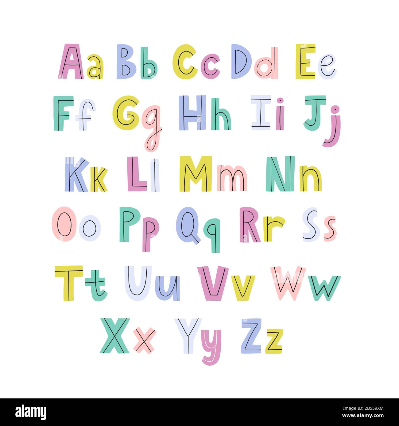 Alphabet coloré dessiné à la main avec des lettres minuscules et majuscules Illustration de Vecteur