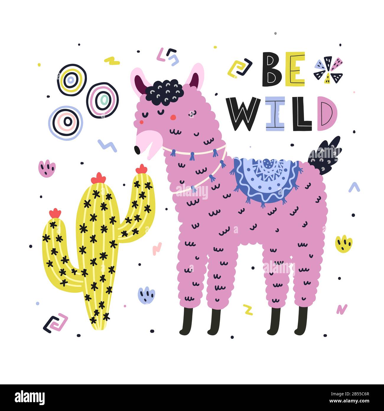 Soyez sauvage avec le joli cactus de lama manger. Imprimé drôle dans le style puéril avec alpaga Illustration de Vecteur