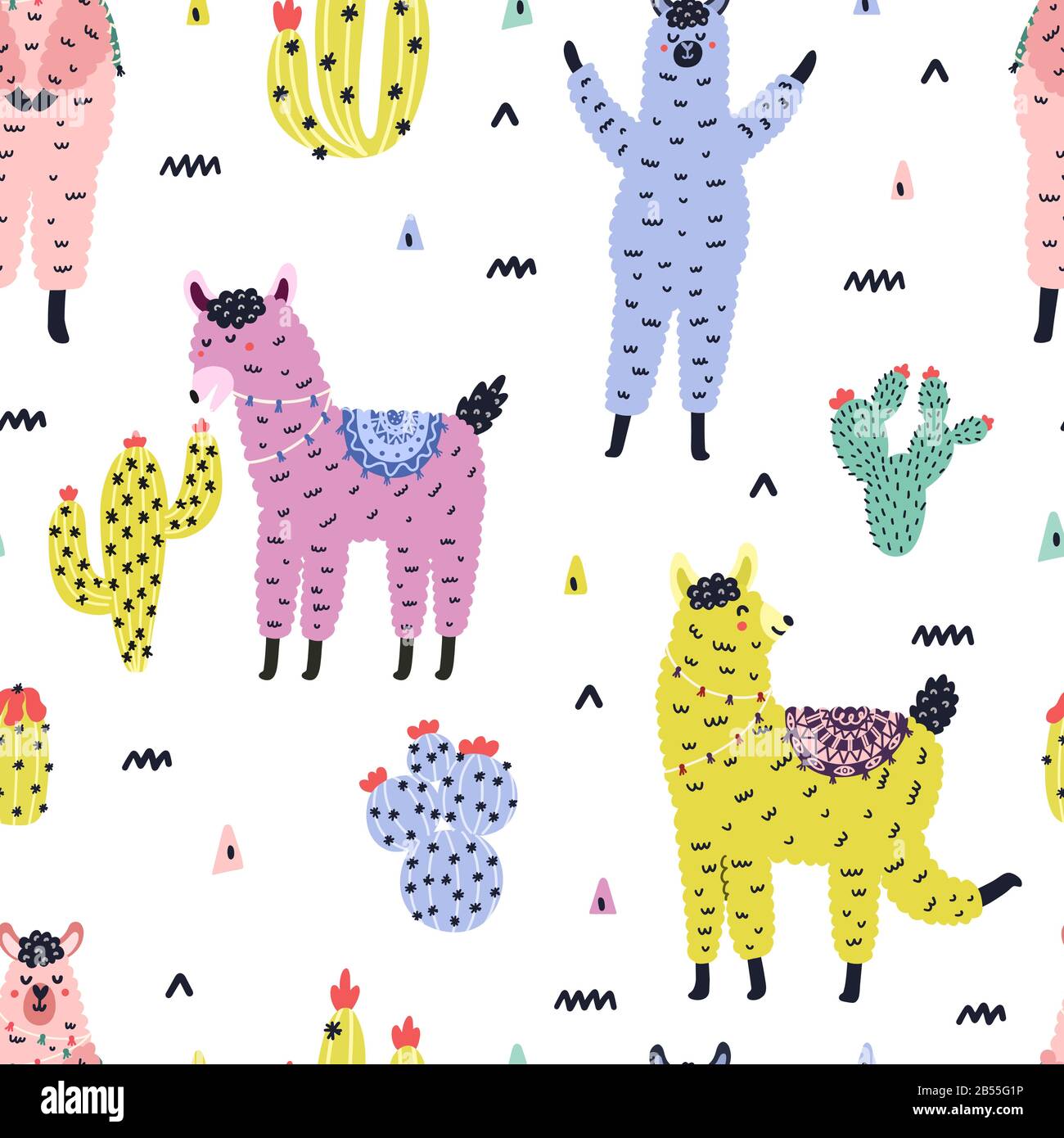 Motif sans couture avec mignons lamas et succulents dans un style scandinave Illustration de Vecteur
