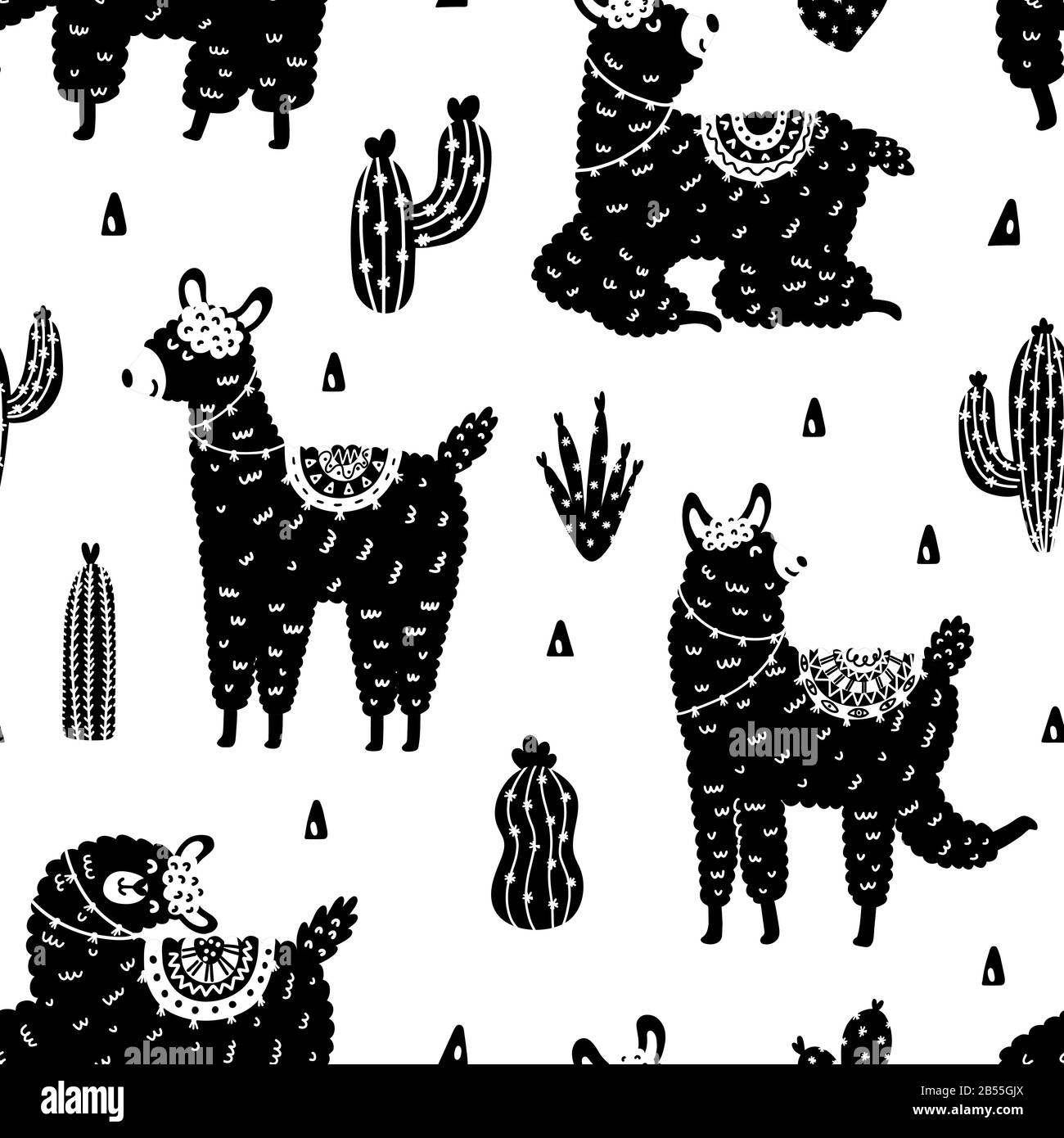 Motif lamas noir et blanc sans couture. Joli arrière-plan alpacas Illustration de Vecteur