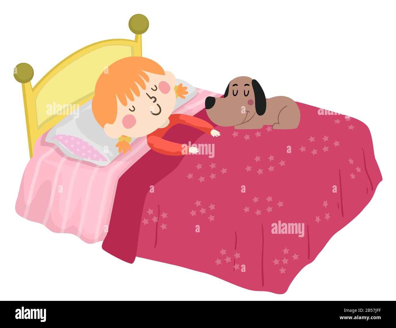Illustration d'une fille de Kid Dormant dans le lit avec Son chien D'Animal De Compagnie Banque D'Images