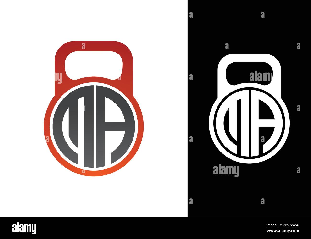 Lettre initiale M A et logo Kettle Bell. Concept de logo de forme physique Illustration de Vecteur