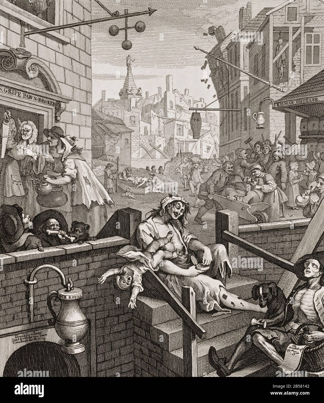 Gin Lane, De Beer Street Et Gin Lane. Une scène de désolation urbaine avec des Londoniens rêvés de gin, notamment une femme qui laisse son enfant tomber à sa mort et un ballade-vendeur émacié; en arrière-plan est la tour de St George's Bloomsbury. William Hogarth, 1751 Banque D'Images