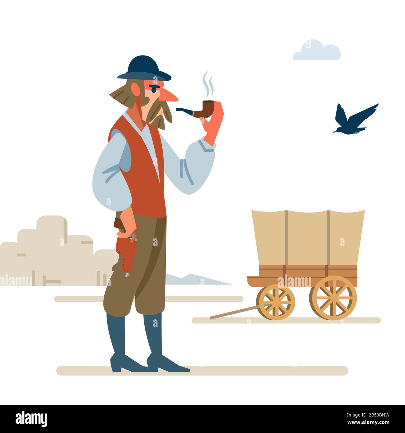 Le chef d'un gang de tueurs de cow-boy fait des plans dans un vol à la banque et de fumer un tuyau avec du tabac. Wild West. Illustration vectorielle de dessin animé Illustration de Vecteur
