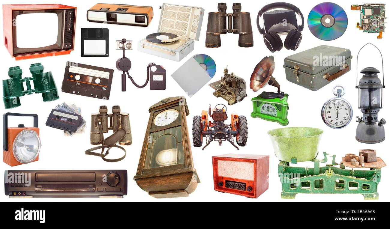 collection de haute qualité v objets rétro ou vintage des années 80 isolés sur blanc Banque D'Images
